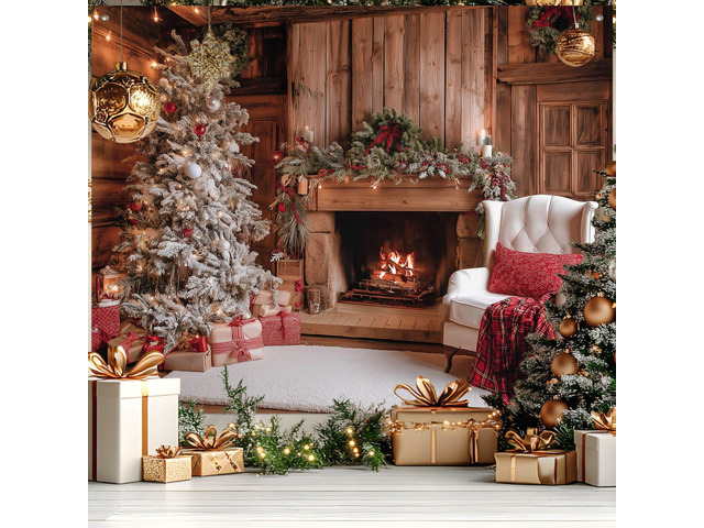 Christmas Fireplace Backdrop Cozy Decorations 8 x 6 FT Christmas Backdrop Holiday Banner Christmas Tree Display Cozy Decor for Photo Booth Home...