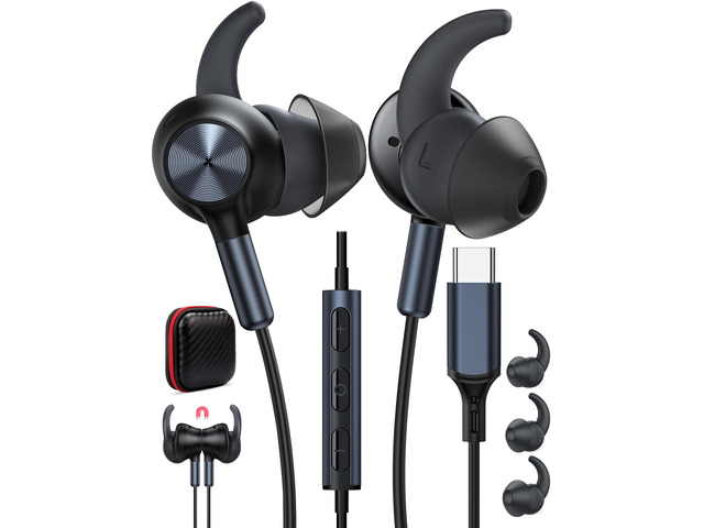 USB Type C Headphone 5FT Wired Earbuds Anti-Loose Wingtip Noise Canceling in-Ear Earphone with Mic for iPhone 17 Pro Max 16e 16 15 Plus School...