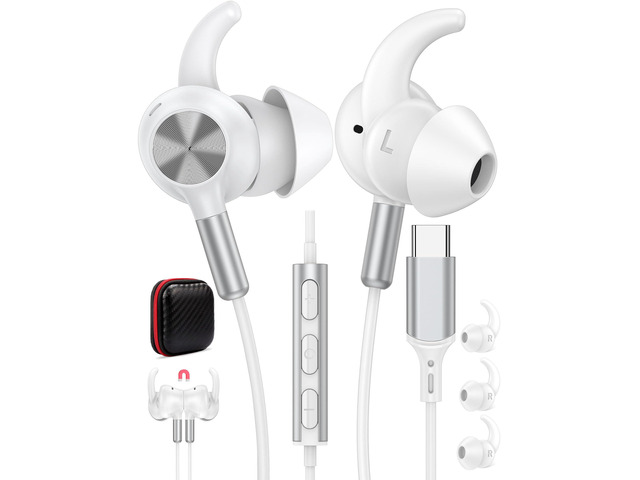 USB Type C Headphone 5FT Wired Earbuds Anti-Loose Wingtip Noise Canceling in-Ear Earphone with Mic for iPhone 17 Pro Max 16e 16 15 Plus School...