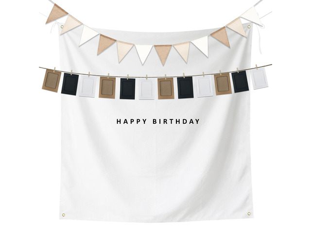 5x5ft Happy Birthday Cloth Backdrop Boho Plain Birthday Backdrop Set 12 Photo Frames Garland, Pennant Banner Fabric Minimalist Birthday Party...