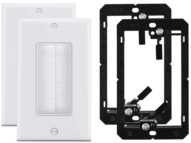 Sing Gang Brush Wall Plate with Low Voltage Mounting Bracket, 2 Pack, Pass Through Faceplate for Speaker Wire, Coaxial Cable, HDMI/HDTV Cable,...