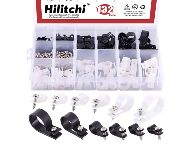 132 Pcs 6 Sizes Black and White Plastic Cable Clamp R Type Screw Mounting Cord Fastener Cable Clips Assortment Kit with Screws for Wire Management...