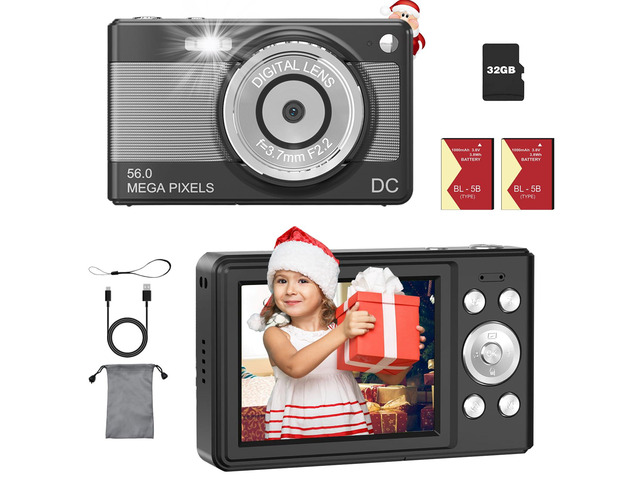 Digital Camera 1080P Video Camera for Kids Boys Girls, 8X Zoom Compact Digital Point and Shoot Kids Digital Camera with 32GB Card,2 Batteries-Black