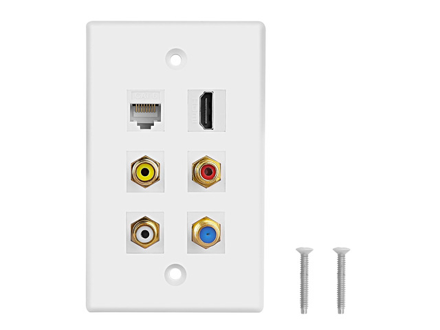 HDMI RCA 6 Port Keystone Wall Plate HDMI Coax CAT6 Ethernet RCA Ethernet Wall Outlet Plate Panel 3 RCA +1 Cat6+1 Coax Cable TV F Type Port+1 HDMI...