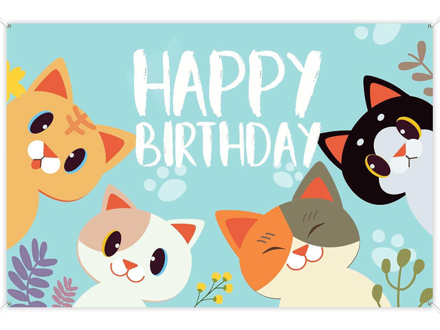 Happy Birthday Banner Backdrop Sky Blue Cute Cat Theme Party Decor Picks for Birthday Party Photography Background Supplies Decorations