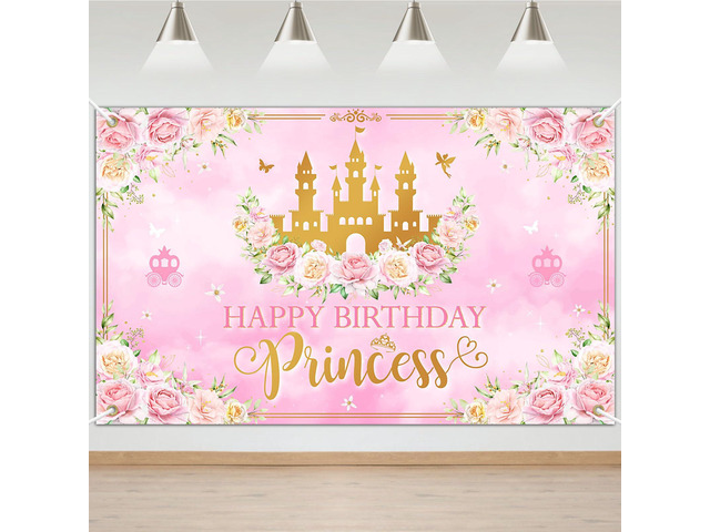 Princess Happy Birthday Banner Pink Princess Birthday Party Decorations Pastel Floral Castle Backdrop for Girls Princess Party Supplies (6 x 3.6 ft)