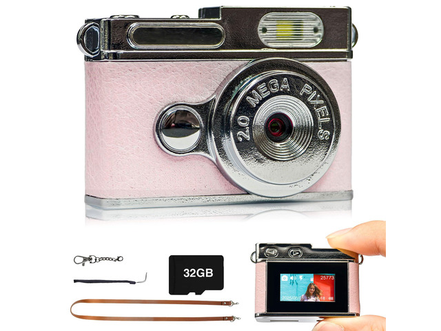 Mini Digital Camera with 0.96 in LCD Screen 1080P 32GB Card Feel of Old 90s Photographs, Keychain Size, Birthday Gifts (Pink)