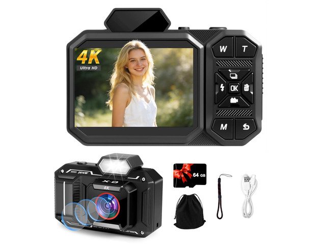 4K Digital Camera, FHD Vlogging Camera for YouTube with 64GB Card, 64MP Autofocus Anti-Shake/Date Stamp, Compact Travel Camra, Point and Shoot...