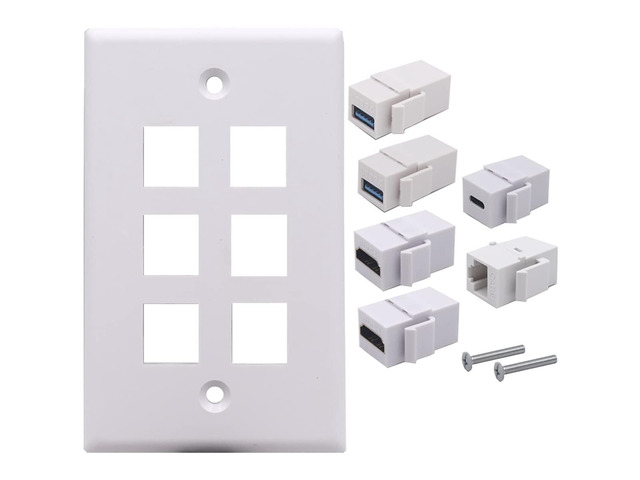 6 Ports Wall Plate, 2 Ports 4K HDMI 2 Ports USB 3.0 1 Port USB 3.1 Type C 1 Port CAT6 RJ45 Female to Female Module Keystone Outlet Socket