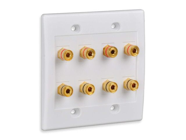 Speaker Wall Plate with 8 Banana Binding Posts, [2-Gang] White Gold-Plated Female Speaker Wire Socket Connector for Wallplate with Black & Red Rings