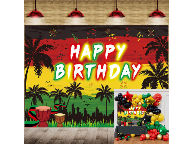 Reggae Happy Birthday Backdrop 8x6FT Jamaican Rastafari Palm Tree Reggae Party Decorations Background Summer Music Themed Birthday Party...