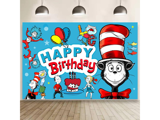 Cartoon for Dr. Seuss Happy Birthday Backdrop Birthday Party Supplies Kawaii Background for Boys Girls Banner for Kids Party Decorations (5x3ft)