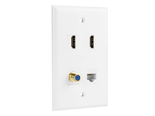 Ethernet Coax HDMI Wall Plate, 1 Port Cat 6 RJ45, 1 Port TV Coax F Type and 2 Port HDMI Keystone Wall Plate