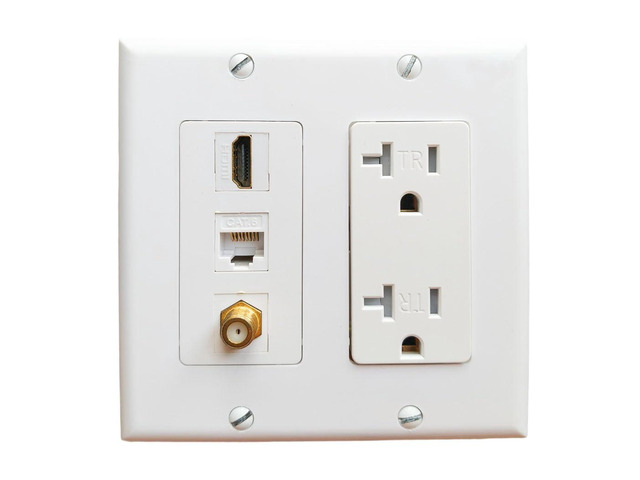 Double Gang 20Amp Power Outlet with Ethernet Coax HDMI Wall Plate - Electrical Wall Outlet with 1 Port HDMI + 1 CAT6 RJ45 Keystone Jack + 1 Coax...