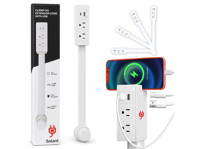 Clamp On Extension Cord Socket Extender with USB-C & USB-A, Low-Profile Rotating Flat Plug, 3-Outlet Wall Adapter for Behind Furniture, Bedroom &...