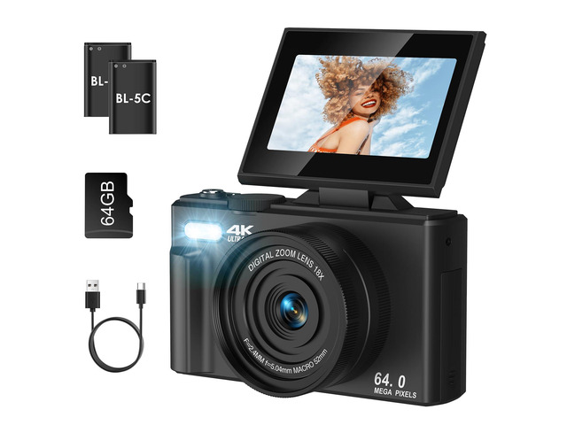 4K UHD 75MP Digital Camera for Photography - 18X Zoom, Autofocus, 64GB, Anti-Shake WiFi Vlogging Camera with Fill Light, 180 Flip Screen Compact...