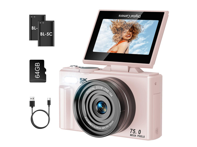 4K UHD 75MP Digital Camera for Photography - 18X Zoom, Autofocus, 64GB, Anti-Shake WiFi Vlogging Camera with Fill Light, 180 Flip Screen Compact...