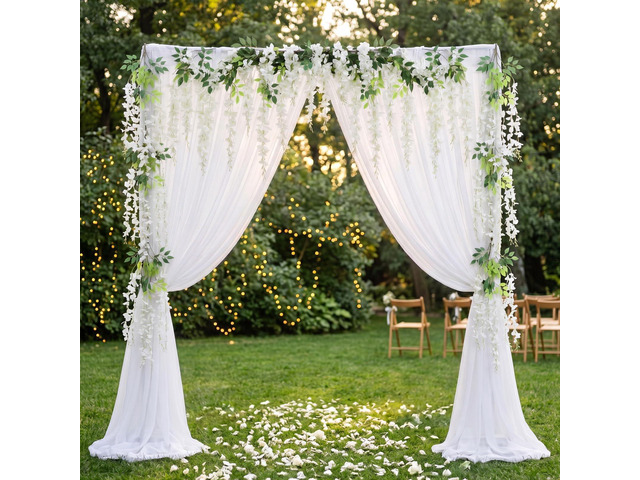 White Wisteria Flower Garland Tulle Backdrop Set 2 White Tulle Backdrop Sheer Curtains 10ft x 5.2ft with 18 Artificial Wisteria Hanging Flowers for...