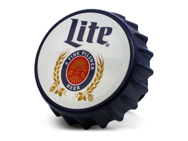 Miller Lite Bottle Cap Shaped Bluetooth Speaker with Kickstand, Color Changing Light, FM Radio, 6H Playtime, Micro SD Card, Aux Port for...