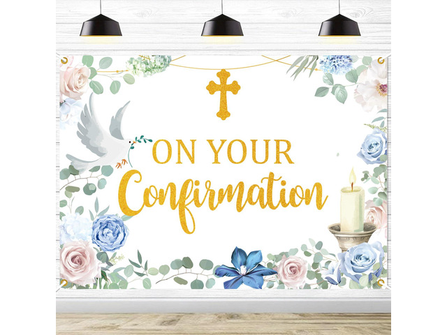 On Your Confirmation Backdrop Banner, Blessing On Your Confirmation Banner Religious Baptism Christening Party Decorations Photo Booth Props, 7 * 5 Ft