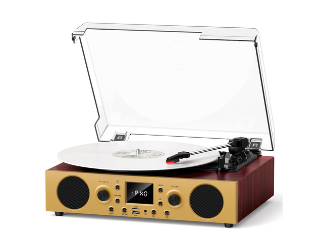 Red Burl Wood Bluetooth Record Player, 3-Speed Turntable Premium burl wood finish with Bluetooth, 3-speed playback, stereo speakers, LCD display...
