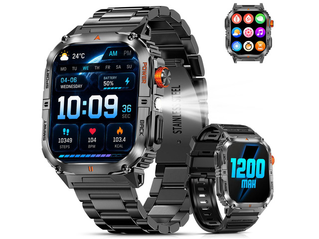 Military Smart Watch for Men with 1200mAh Long Battery Life, 2.0' Large Screen, Bluetooth Calling, LED Flashlight, IP68 Waterproof, 110+ Sports...