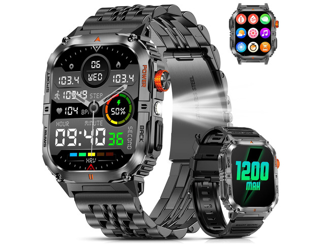 Military Smart Watch for Men with 1200mAh Long Battery Life, 2.0' Large Screen, Bluetooth Calling, LED Flashlight, IP68 Waterproof, 110+ Sports...