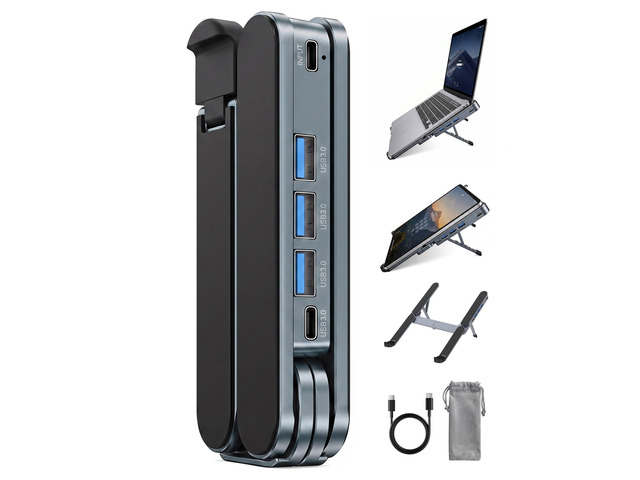 Laptop Stand with Docking Station Foldable Computer Riser Desk Hub 2-in-1 Travel Laptop Stand with USB Ports Data Hub 6-Level Adjustable Height...