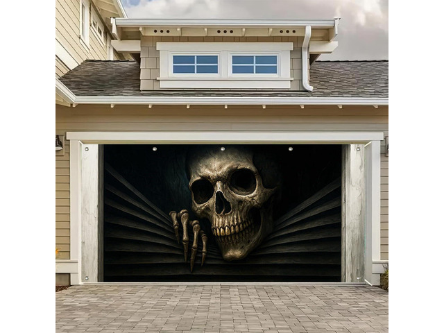 Halloween Door Cover 13x6ft Polyester Backdrop Polyester, skeleton bursting through Halloween Door Cover for festive garage, porch and wall