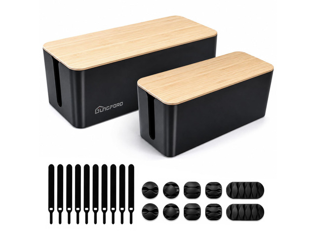 [Set of 2] Large Wood Cover Cable Management Box Set with Cable Sleeve Wire Ties Included to Organize Desk Cord Cables, Hide TV Computer Wires, USB...