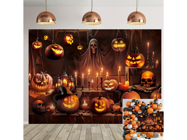 Horror Halloween Backdrop Scary Skeleton Pumpkin Lantern Haunted House Background Kids Adult Spooky Birthday Party Decorations Banner Supplies (8x6FT)