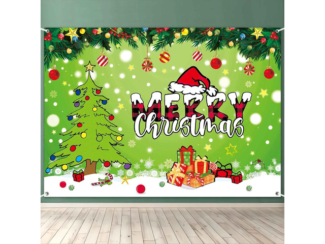 8x6ft Merry Christmas Backdrop Banner Green Cartoon Theme Christmas Party Decorations Xmas Tree Santa Photography Background Snowy Winter Party...