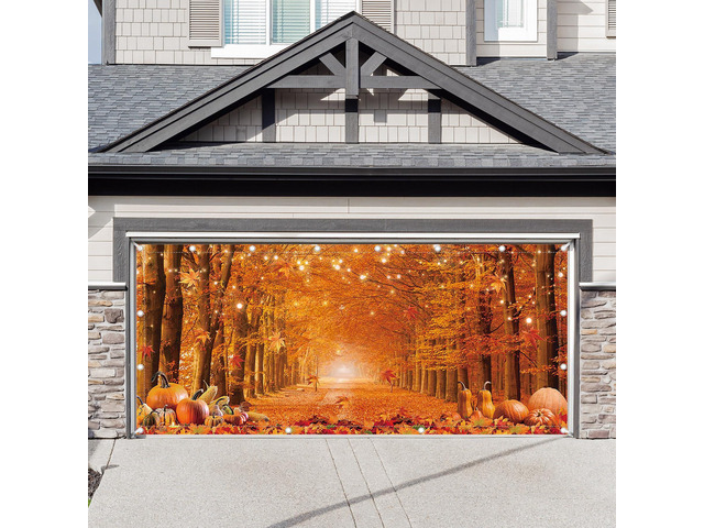 1PC 16x7ft Fall Thanksgiving Garage Door Banner Decorations Autumn Pumpkin Maple Leaves Photography Backdrop, Home Outdoor Hanging Cover, Harvest...
