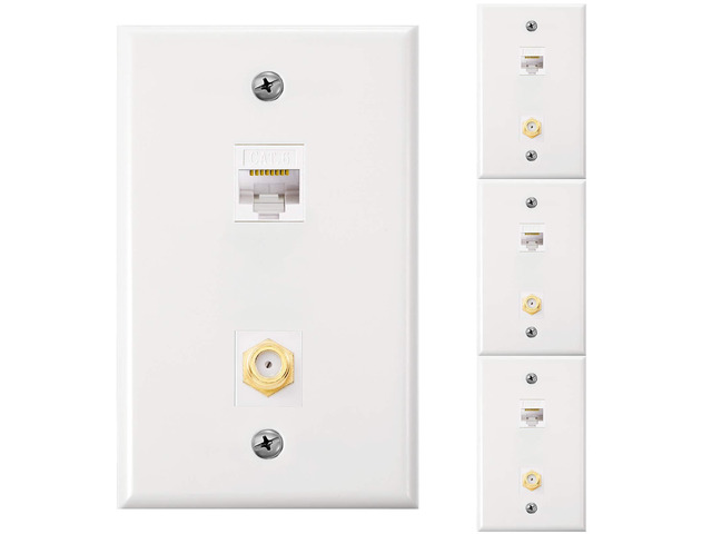 4 Pack Ethernet Coax Wall Plates, Cat6 Coax Wall Plate with Ethernet Port and Gold-Plated TV Coaxial Cable F-Type Port(White)