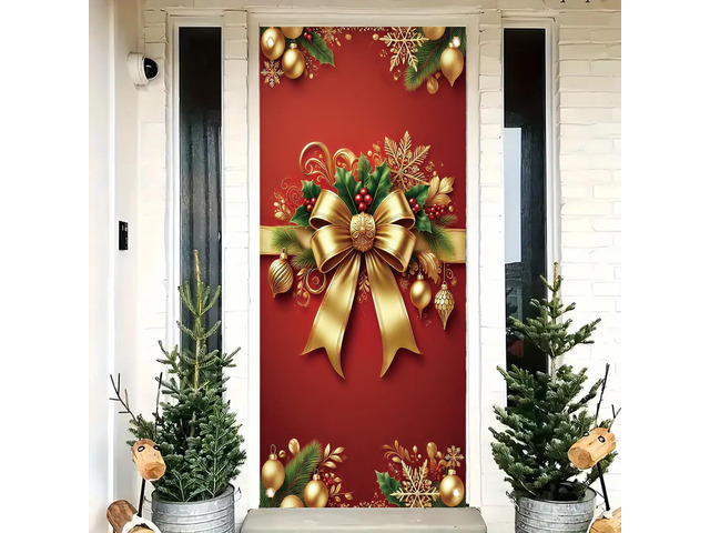 Christmas Door Cover Red Gold Bow Banner 71 x 35 Inch Wrap Backdrop with Ornaments Holly Leaves and Snowflakes for Christmas Party Wall Hanging...