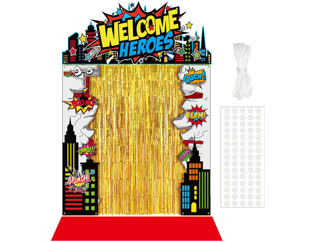 7 Pcs Hero Party Backdrop Banner Gold Fringe Curtain Decor City Theme Door Banner, Birthday Photo Background, Foil Curtain with Dots, Porch...