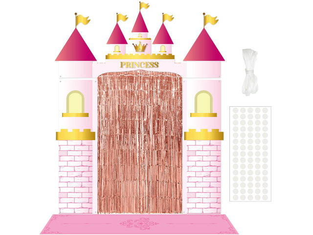 7 Pcs Princess Party Decorations Castle Backdrop Curtain Birthday Rose Gold Fringe Curtain, Pink Rug with Crown, Door Entryway Decor, Photo...