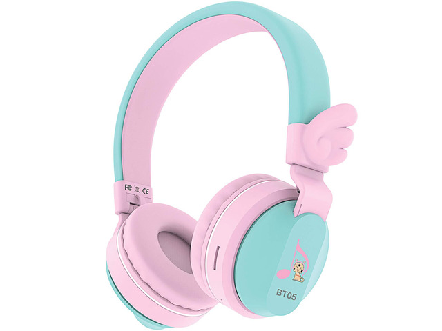 Kids Bluetooth Headphones, BT05 Wireless Kids Headphones Over Ear with Volume Limited and Mic/TF Card Compatible for iPad/iPhone/Tablet (Pink & Green)