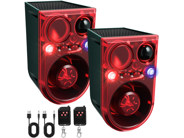 2 Pack Solar Outdoor Motion Sensor Alarm Ultrasonic Animal Deterrent Alarm 13 Sound 130 dB Loud Noise Maker with USB Remote Control 4 Mode Repels...