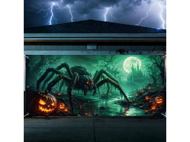 Spider Halloween Garage Door Cover 7x16 FT Decorations Spooky Garage Door Banner, Rope and Grommet Easy Mount, High Quality, Web Crawler Theme,...