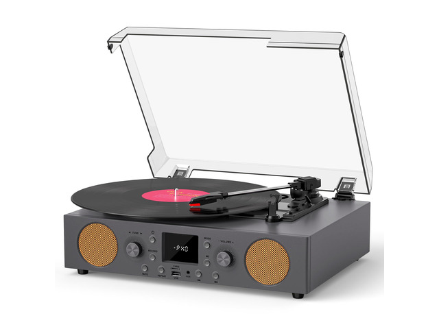 Record Player with Built-in Speakers, Vintage Vinyl Record Player Bluetooth Turntable 3 Speed, with USB Recording, RCA Line Out & AXU-in, FM Radio,...
