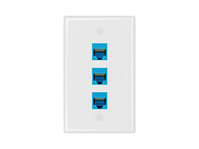 1-Pack Cat6A Ethernet Wall Plate, 3-Port RJ45 Wall Plate, Blue 3-Port Keystone Wall Plates with Cat 6A Coupler 10Gbit/s, Female to Female Cat6a...