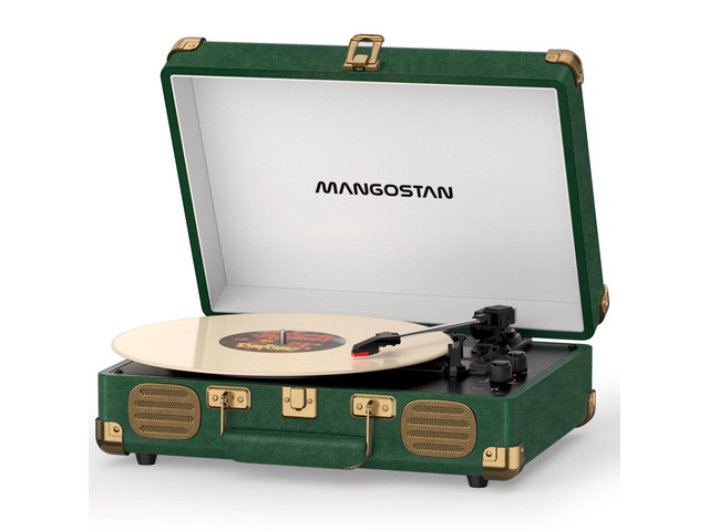 Dark Green Bluetooth Suitcase Record Player, 3-Speed Turntable Premium PU leather design with 3-speed playback, Bluetooth, stereo speakers, and...