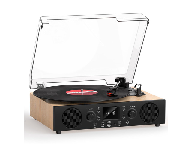 Record Player with Built-in Speakers, Vintage Bluetooth Turntable 3 Speed with USB Recording, Bluetooth Receiving, FM Radio, RCA Line Out & AXU-in,...