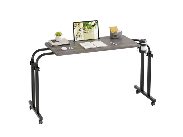 Overbed Table with Wheels, Adjustable Height and Length Over Bed Desk, Hospital Heavy Duty Metal Leg Laptop Stand for Adults,Gray