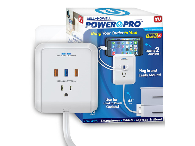Power Pro Outlet Extender with 45 Cord Easy-Install Power Strip Electric Surge Protector, USB Wall Charger, 3 Power Outlets, Docking Station,...