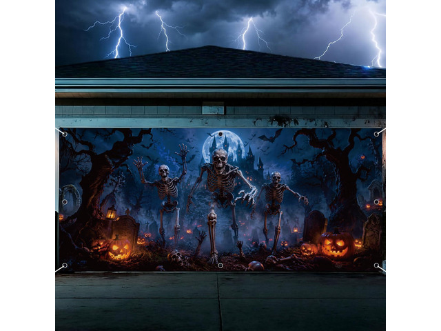Dark Skeleton Halloween Garage Door Cover 7x16 FT Decorations Spooky Garage Door Banner, Rope and Grommet Easy Mount, High Quality, Bone Yard...