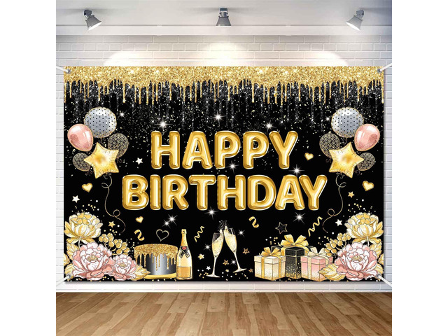 Black Gold Happy Birthday Banner Backdrop Black Golden Birthday Party Decorations Supplies for Women Large Balloons Sign Photography Background...