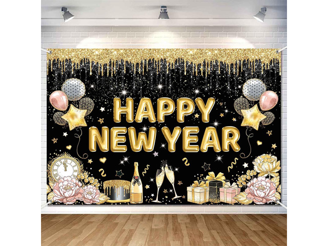 Happy New Year Banner Backdrop for New Years Decorations 2026 Large Black and Gold New Years Eve Banner Happy New Year Party Supplies Photo...