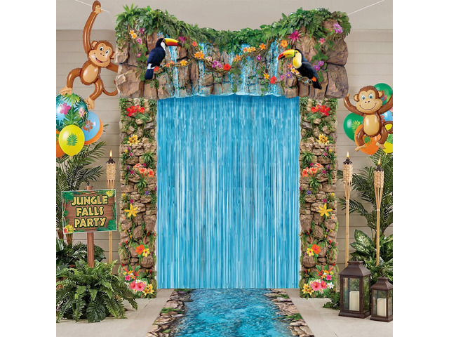 7pcs Rainforest VBS 2026 Door Backdrop Decorations Jungle Waterfall Backdrop with Tropical Flowers Vines, Monkeys Toucans, Jungle Party Entrance...